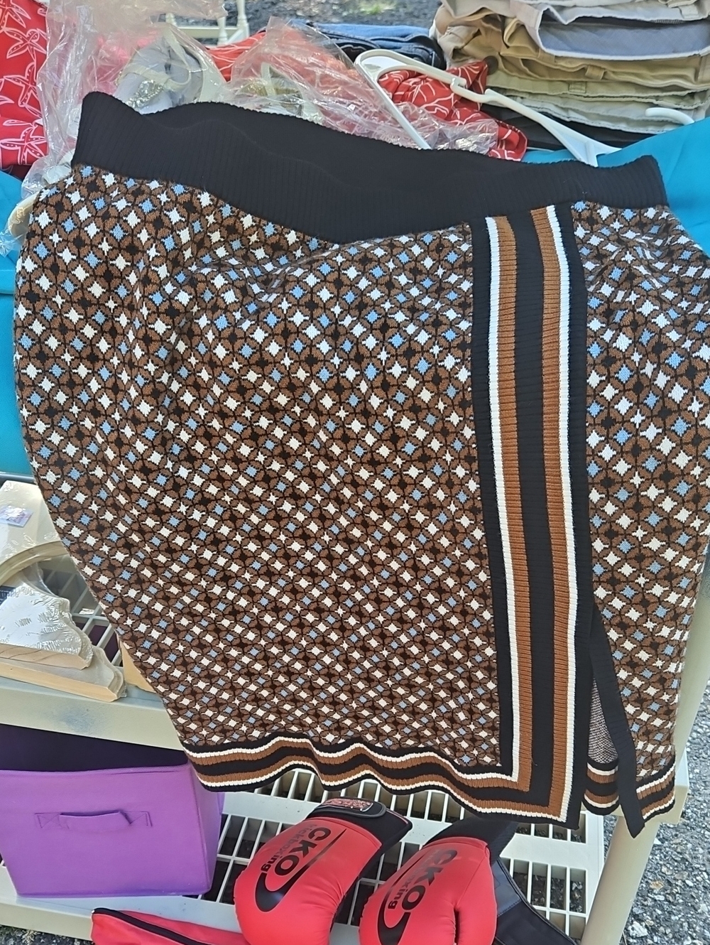 Nine West Brown and Cream Geometric Knit Skirt